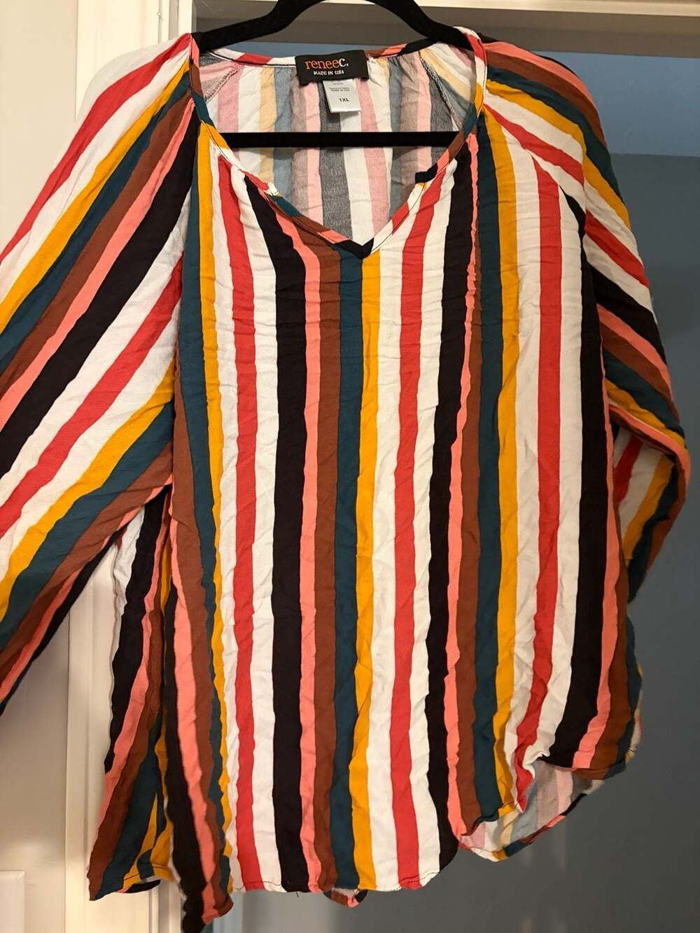reneeC. Plus Size 1XL Long Sleeve Striped V-Neck Blouse